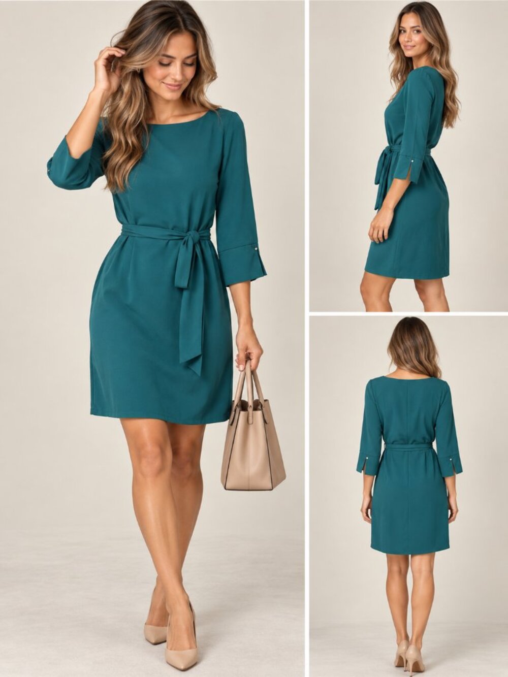 H&M Womens 6 Teal Belted Shift Dress 3/4 Sleeve Minimalist Office Quiet Luxury